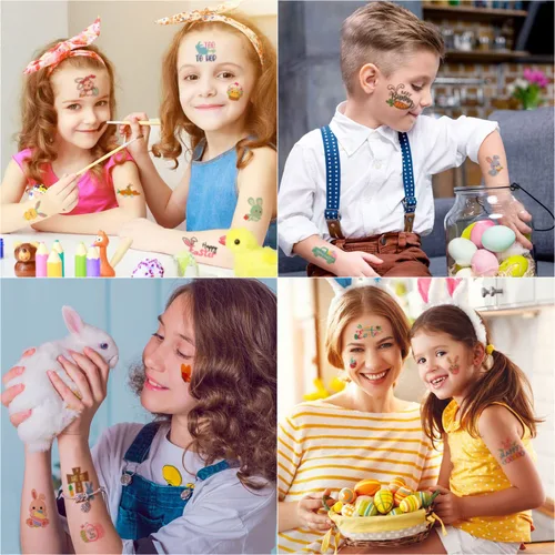 Vista 7 de 66 tatuajes de Pascua, 12 hojas coloridas de huevos de conejo, pollo, flores de primavera, calcomanías de mariposa para relleno de huevos de Pascua