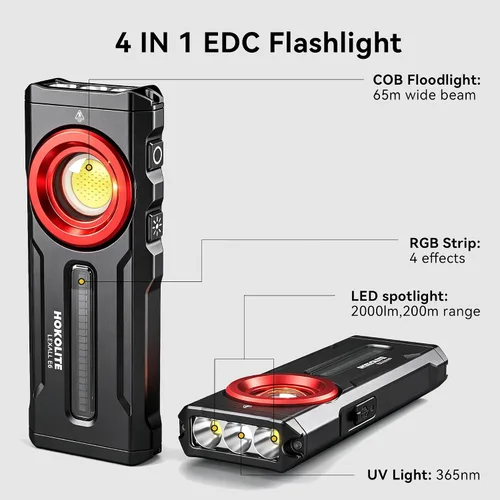 Vista 8 de lexall Linterna, linterna EDC recargable, linterna LED, linterna plana de 1200 lúmenes con luz RGB, luz de bolsillo para emergencia (1, rojo)