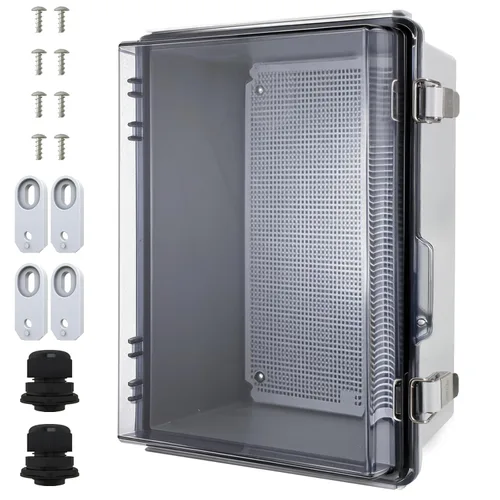 Vista 13 de MAKERELE Caja eléctrica impermeable pequeña al aire libre IP67 ABS caja de plástico con placa de montaje, cubierta gris con bisagras, soporte