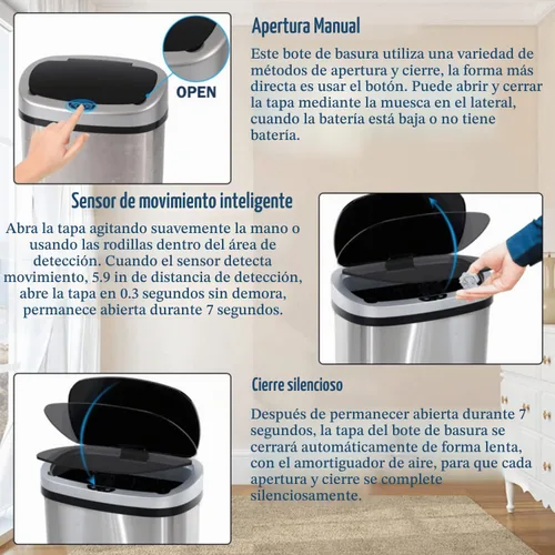 Vista 5 de Bote de basura automático de 13 galones, cubo de basura de cocina con tapa, estilo moderno, sin tacto, de alta capacidad, de acero inoxidable