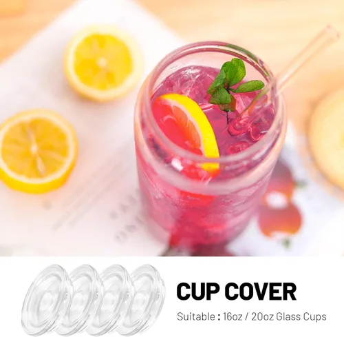 Vista 5 de Joyclub Paquete de 4 tapas acrílicas para vasos de vidrio de 16 onzas con tapas de bambú y pajitas, vasos reutilizables para café helado, vasos