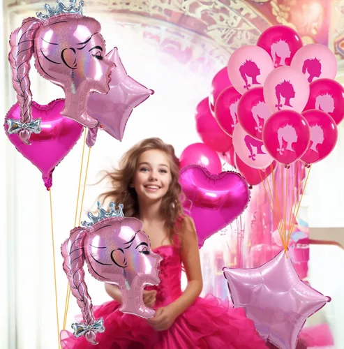 Vista 5 de 30 globos de papel de aluminio de princesa rosa intenso, globos de estrella de corazón rosa, cabeza de niña, kit de globos de látex