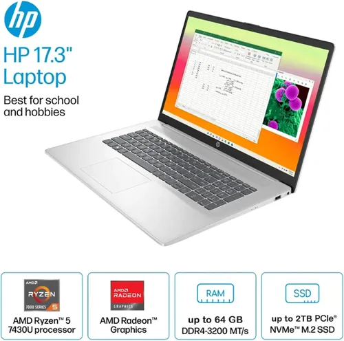 Vista 2 de HP Laptop para estudiantes de negocios de 17.3 pulgadas • con Office Lifetime y unidad de DVD externa • AMD Ryzen 5 7430U • Pantalla IPS FHD