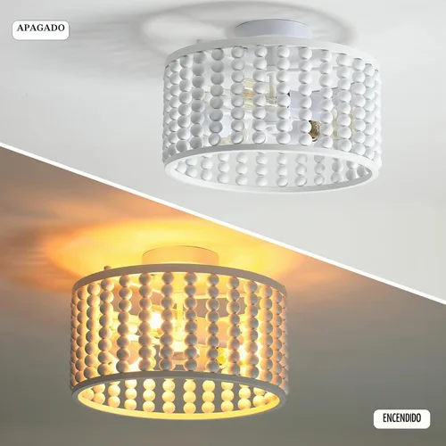 Vista 4 de tewei Candelabro de Cuentas de Madera, Accesorio de Luz de Techo Semi Empotrado Estilo Boho para Cuarto de Bebé, Candelabro Rústico de 3 Luces