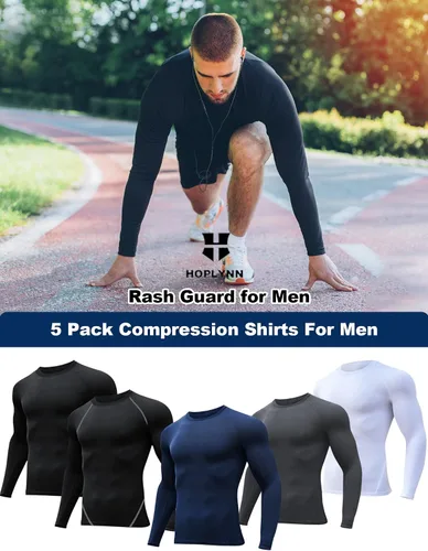 Vista 5 de HOPLYNN 5 Pack Compression Shirts Men Long Sleeve Rash Guard Athletic Baselayer Undershirt Gear Tshirt for Sports Workout