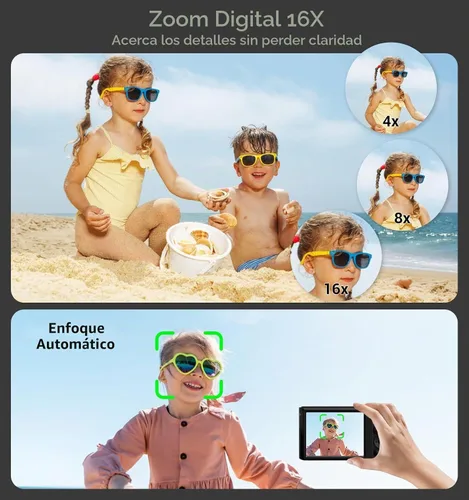 Vista 5 de Cámara digital 4K, cámara digital compacta digital de enfoque automático, zoom digital de 16X, cámara de viaje mejorada con tarjeta SD de 64 GB, 2