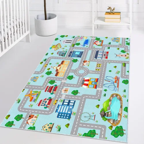 Vista 7 de Alfombra de coche para niños, 2 pies 7 pulgadas x 4 pies, alfombra de juego para trenes de autos de juguete, alfombra antideslizante para pista