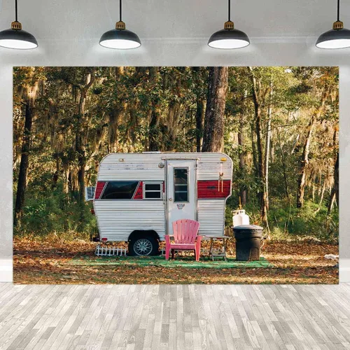 Vista 9 de Fondo de campamento para fiesta, campamento, 5 x 3 pies, bosque soleado, caravana, remolque, paisaje de naturaleza, fotografía de fondo, utilería