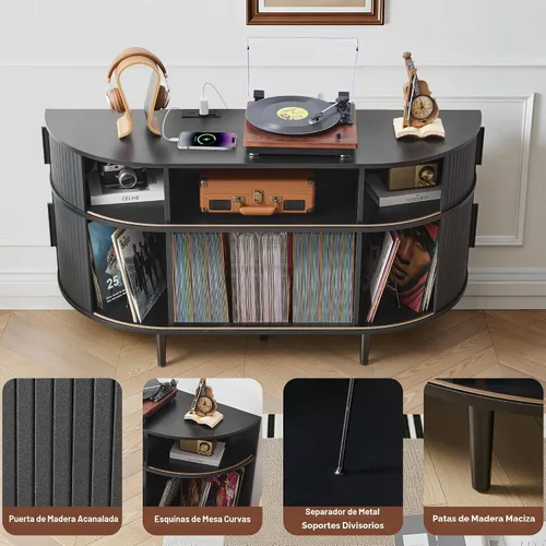 Vista 6 de Soporte grande para tocadiscos, gabinete de almacenamiento de discos de vinilo de madera de 55 pulgadas con estación de carga y puertos USB, mesa