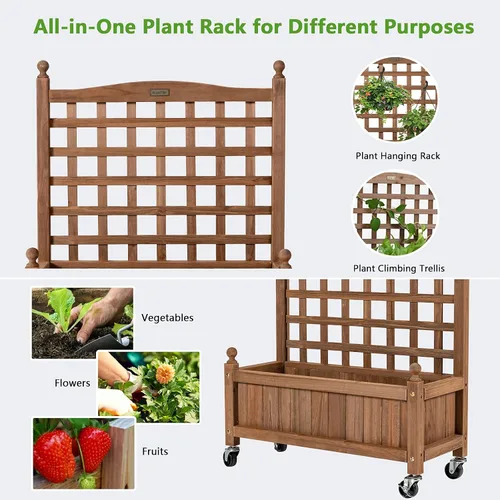 Vista 3 de Giantex Cama elevada móvil para plantas, maceta de madera con enrejado y ruedas, caja de flores para escalada de plantas, jardín vertical