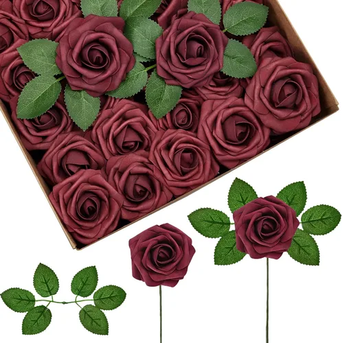 Vista 19 de InnoGear Flores artificiales, paquete de 50 unidades, rosas artificiales de espuma negras con tallos a granel para decoración, ramos de boda DIY