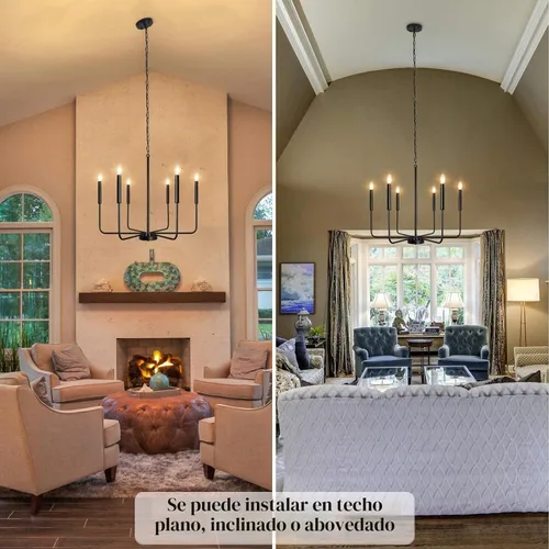 Vista 9 de Lámpara de araña estilo granja, accesorios de iluminación para techo colgante, 6 luces, vela moderna, negro mate, accesorio de luz de techo, 26