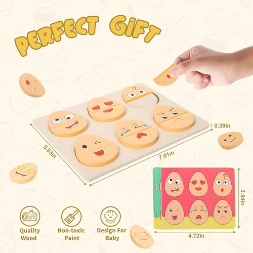 Vista 6 de Juguetes Montessori para niños de 1, 2, 3 años, juguetes de madera para clasificar expresiones faciales para niños pequeños, juego de bloques