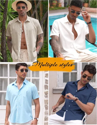 Vista 4 de COOFANDY Camisas casuales de lino de manga corta con botones para hombre