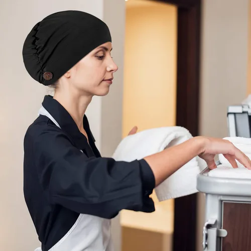 Vista 6 de Geyoga Gorras Bouffant con botones, unisex, elástica, turbante con botones para mujer, 3 piezas, Negro, Talla única