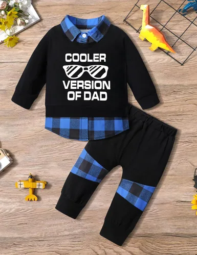Vista 4 de Conjunto de 2 piezas de ropa para niños pequeños, camisa a cuadros con estampado de letras y pantalones largos, 2 piezas para otoño e invierno