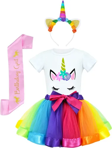Vista 6 de JiaDuo - Disfraz para niñas, falda de tutú con camisa blanca, diadema y cinto de satén