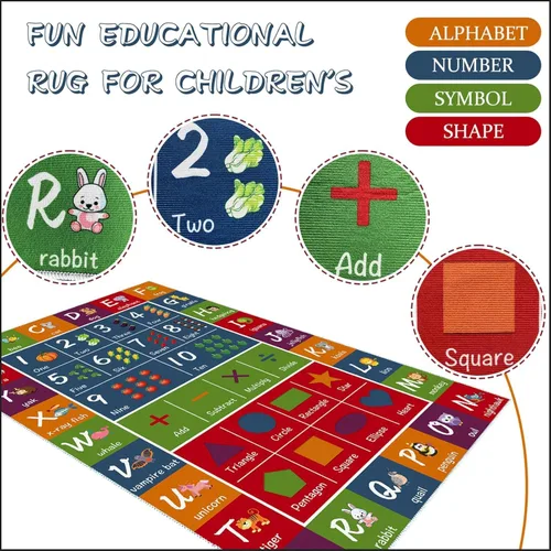 Vista 4 de ABC - Alfombra educativa para niños, con números de alfabetos, divertida, alfombra de juego para niños, tapete de piso con patrón de dibujos