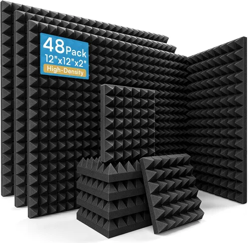 Vista 12 de Paquete de 24 paneles de espuma acústica piramidal, 12 x 12 x 2 pulgadas, color negro Retardante de llama, 66.1 lbs/m³ de alta densidad, 2