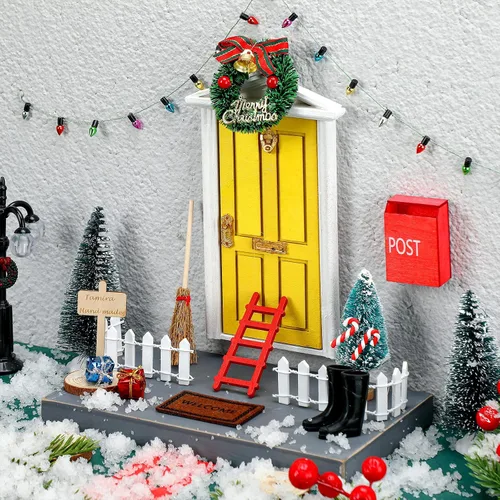 Vista 8 de Hungdao - 20 piezas de decoración en miniatura de madera para puerta de elfo de Navidad, puerta azul