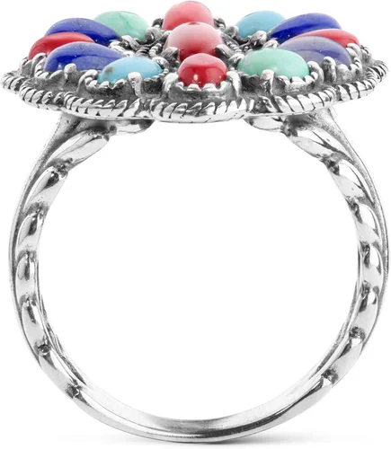 Vista 5 de Anillo de plata de ley American West con diseño de racimo de lapislázuli azul, turquesa y coral rojo, talla 5 a 10