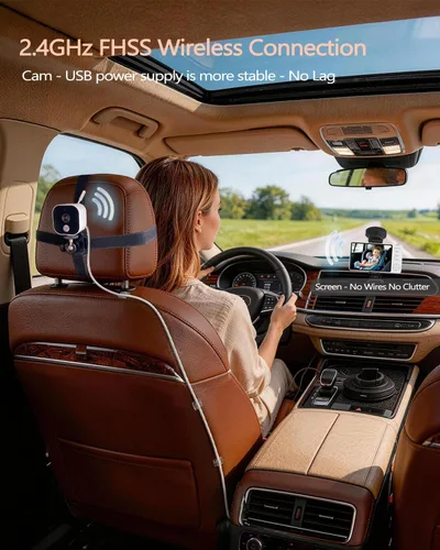 Vista 2 de Cámara inalámbrica para automóvil de bebé con HD 1080P IPS de 5 pulgadas, monitor de asiento trasero giratorio de 360° alimentado por USB