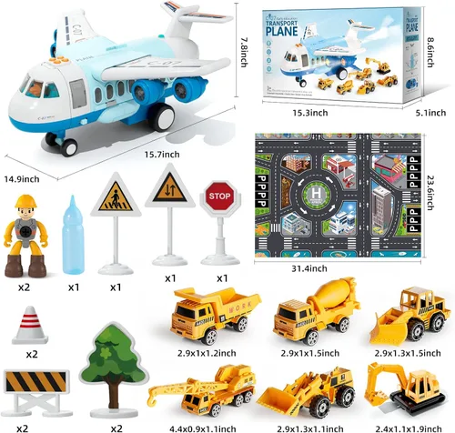 Vista 5 de Avión de carga de transporte, juego de juguetes de avión temáticos grandes, juego de vehículos de juguete educativo con sonido y luz de humo, avión