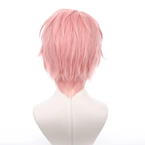 Vista 4 de XiongXiongLe Peluca corta de color rosa para cosplay, Halloween, anime, rol, disfraz de hombre, pelo sintético rizado para adultos, fiesta