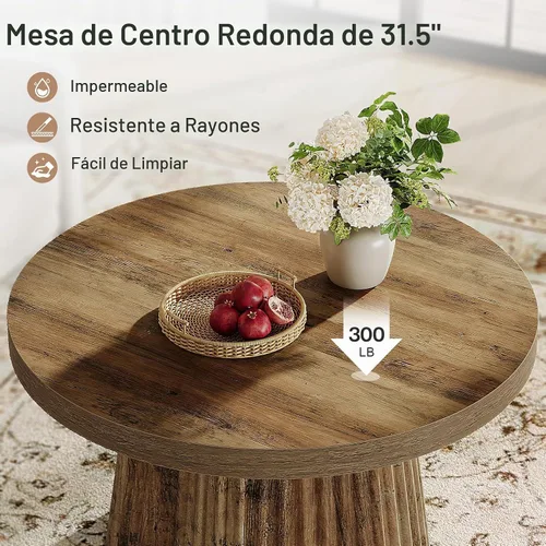 Vista 4 de Tribesigns - Mesa de café, mesa de café redonda pequeña de 31.5" de estilo granja con base de tambor estriada, mesa central de acento boho moderna