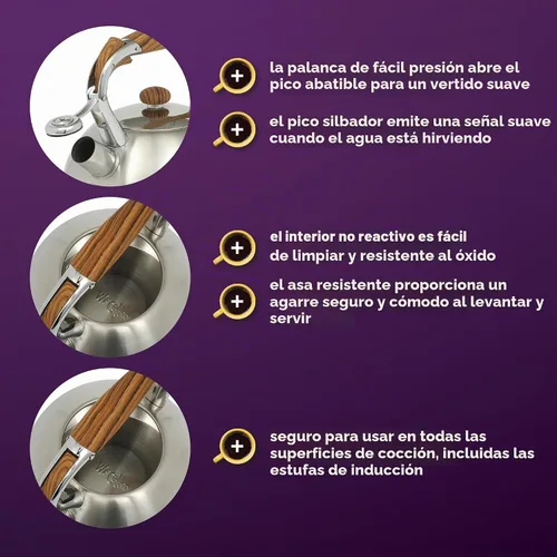 Vista 3 de Mr. Coffee Woodmont - Hervidor de té de acero inoxidable de 2 cuartos con mango de madera, hervidor silbante para estufa, tetera duradera de cocción