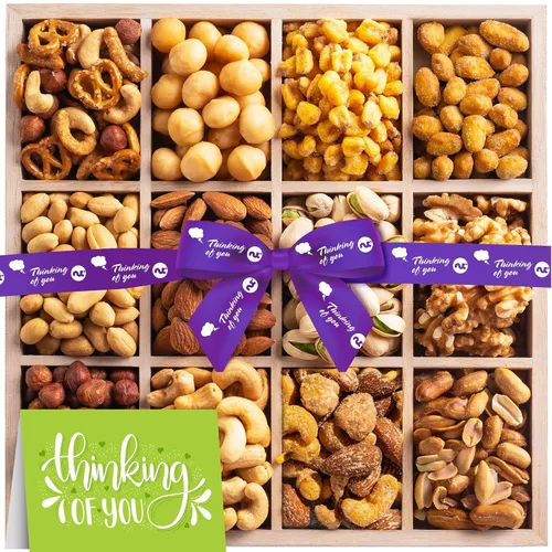 Vista 14 de NUT CRAVINGS - Cesta de regalo de nueces mixtas en bandeja de madera de diamante reutilizable + cinta verde (12 surtidos) golosinas para adultos