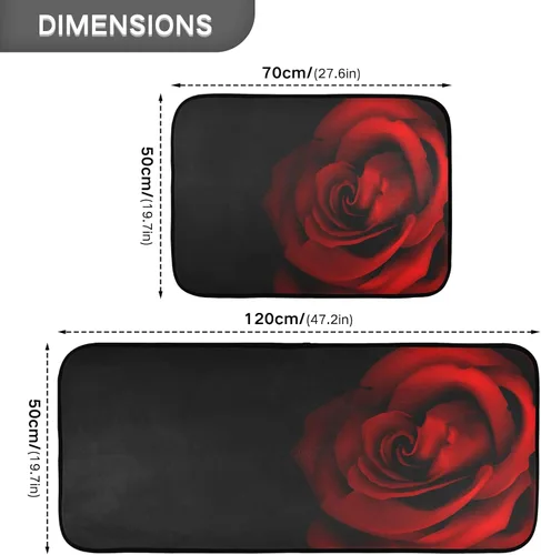 Vista 2 de Juego de 2 tapetes de cocina con rosas rojas, color rojo rosa, suave, antifatiga, juego de tapetes de cocina color negro con flores antideslizantes