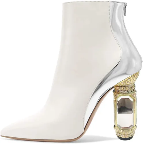 Vista 162 de FSJ Botas de tacón alto con punta puntiaguda para mujer, con tacón alto, con cremallera lateral brillante, estilo casual, para uso diario, zapatos