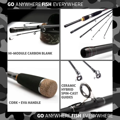 Vista 5 de Rigged and Ready Predator Series Spin & Baitcast Travel Fishing Rods. Unique Spin Cast Micro Trigger. Compact Hi-Carbon Rods. 4 Rod Sections, 2