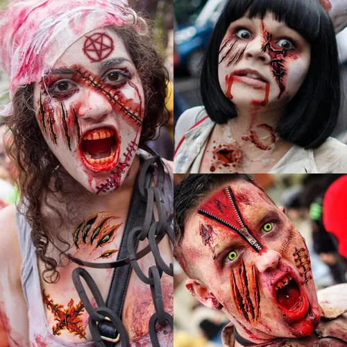 Vista 9 de 5 hojas de tatuajes temporales de Halloween HQ para mujeres, hombres y adultos, tatuajes de manos de cara de Joker, kit de maquillaje de Halloween
