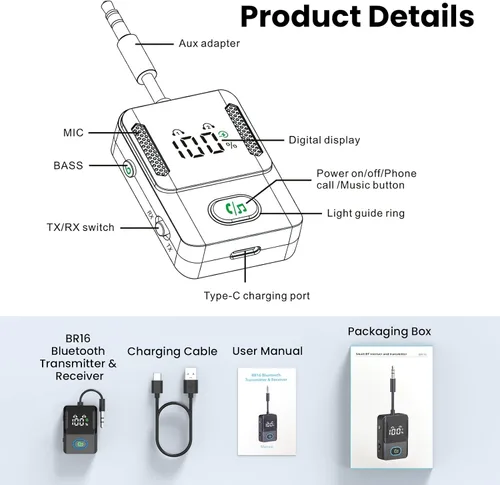 Vista 8 de Receptor transmisor Bluetooth para avión, televisores, 2 en 1, adaptador inalámbrico Bluetooth 5.3 compatible con 2 auriculares, teléfonos