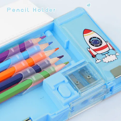 Vista 4 de Paquete de 2: estuche multifunción desplegable para niñas y niños, lindo organizador de dibujos animados con sacapuntas, horario, el mejor regalo