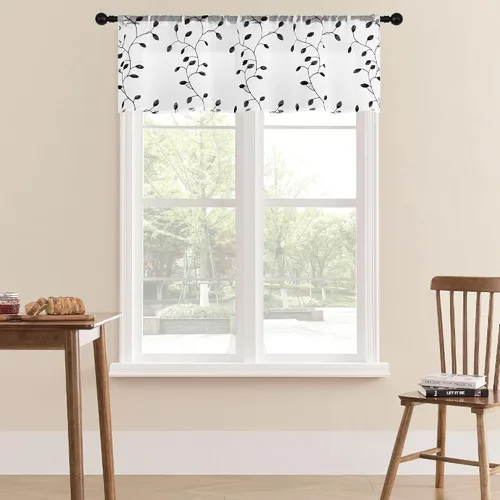 Vista 12 de MRTREES Cenefa de cortina transparente de Navidad, 2 paneles de cortinas bordadas con hojas pequeñas de 54 x 16 pulgadas, bolsillo para barra