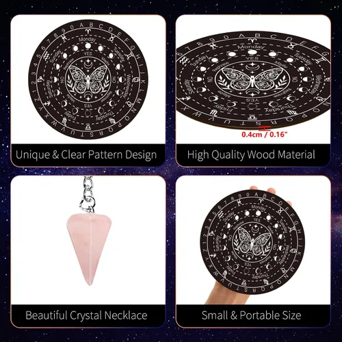 Vista 3 de INFUNLY Tablero de péndulo de madera de mariposa de 10 x 10 pulgadas con collar de cristal de péndulo, tablero de péndulo de madera redondo grande