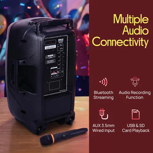 Vista 5 de Altavoz PA Bluetooth portátil de 1200 W, subwoofer de 12 pulgadas, luces indicadoras de batería LED con batería recargable incorporada, lector