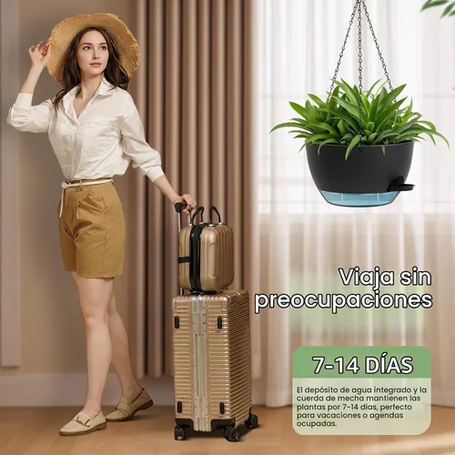 Vista 5 de Paquete de 2 12 macetas colgantes con cadenas, macetas de plástico de riego automático para plantas de interior y exterior, diseño de cadena de Negro