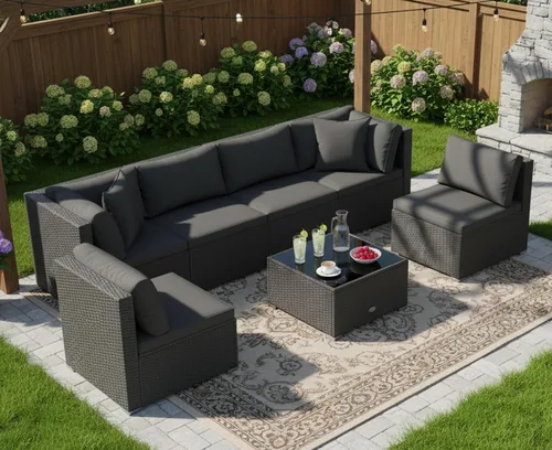 Vista 21 de Tangkula Juego de 2 sofás de mimbre para exteriores, sin brazos, juego de sofá modular de ratán para patio con 2 cojines de asiento gruesos y 2