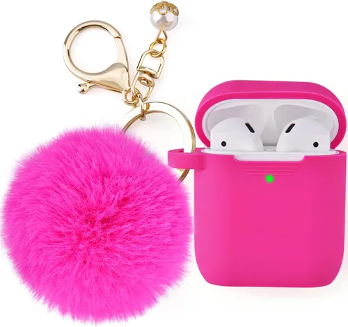 Vista 10 de Filoto Compatible con Funda para Airpod 2 y 1, Linda Funda Protectora de Silicona Accesorios Fundas/Llavero/Pompón, Mejor Regalo para Niñas y Negro