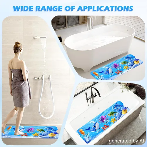 Vista 6 de Tapete de baño antideslizante para niños, tapete de baño antideslizante para niños de 40 x 16 pulgadas de largo para bañera con ventosas seguras