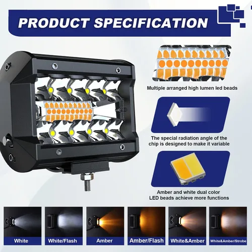 Vista 3 de ASLONG 4 unidades de luces LED estroboscópicas de 4 pulgadas, blanco/amarillo ámbar, barra de luz LED antiniebla de conducción con abrazadera