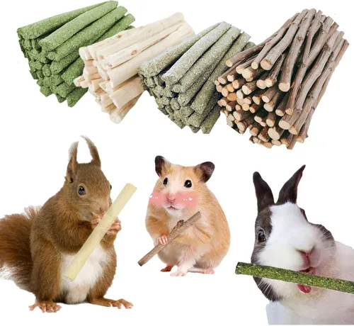Vista 7 de 4 in 1 Natural Bunny Chew Toys Sticks Rabbit Treat Apple Hay Bamboo
