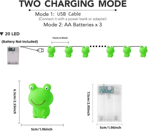 Vista 2 de Guirnalda de luces con forma de rana con enchufe USB y funciona con pilas, para jardín, dormitorio de los niños, árbol de Navidad, decoración