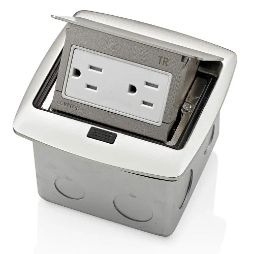 Vista 6 de Leviton Caja de suelo emergente con salida de 15 A, salida GFCI de autoprueba resistente a manipulaciones, PFGF1-MB, color negro