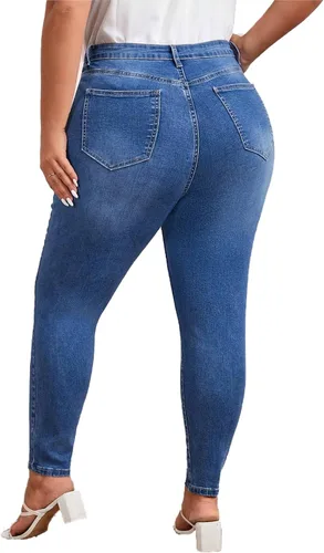 Vista 2 de KISSPLUS Pantalones de mezclilla ajustados de talla grande para mujer, cintura alta, lápiz de cintura alta, elásticos, pantalones de mezclilla