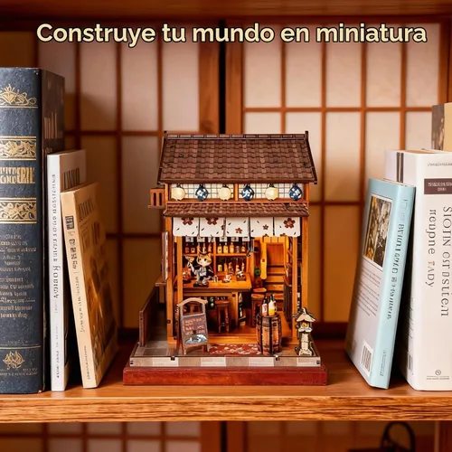 Vista 4 de Kit de rincón de libros para adultos, kit de casa de muñecas Sakura japonesa, kit de casa en miniatura con luz LED, mini kit de construcción Bar